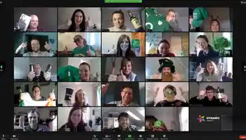 Virtual St Patrick’s Day team building quiz with teams playing an Irish themed quiz on mobile and laptop
