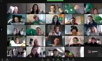 Virtual St Patrick’s Day team building quiz with teams playing an Irish themed quiz on mobile and laptop