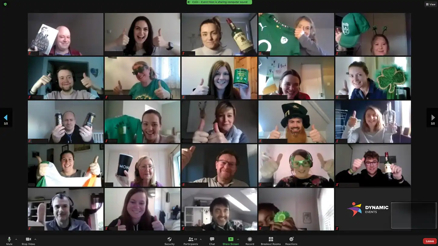 Virtual St Patrick’s Day team building quiz with teams playing an Irish themed quiz on mobile and laptop