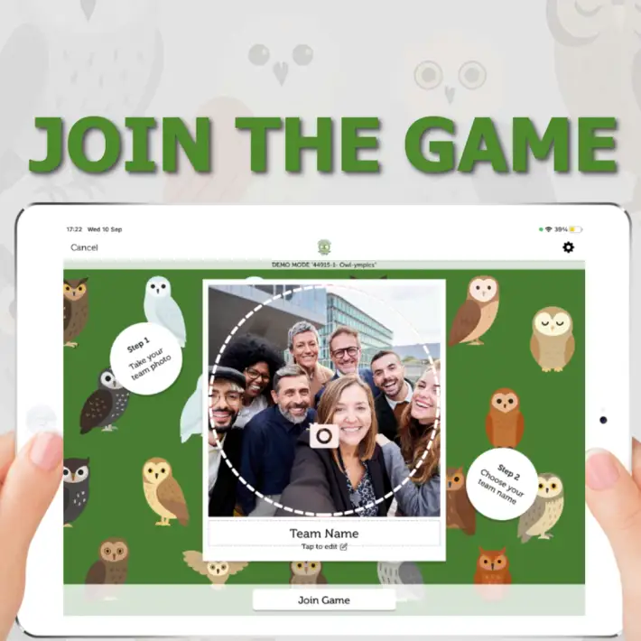 Join the custom CSR game screen on tablet showing team photo and name entry step for a bespoke quiz experience at a corporate event.