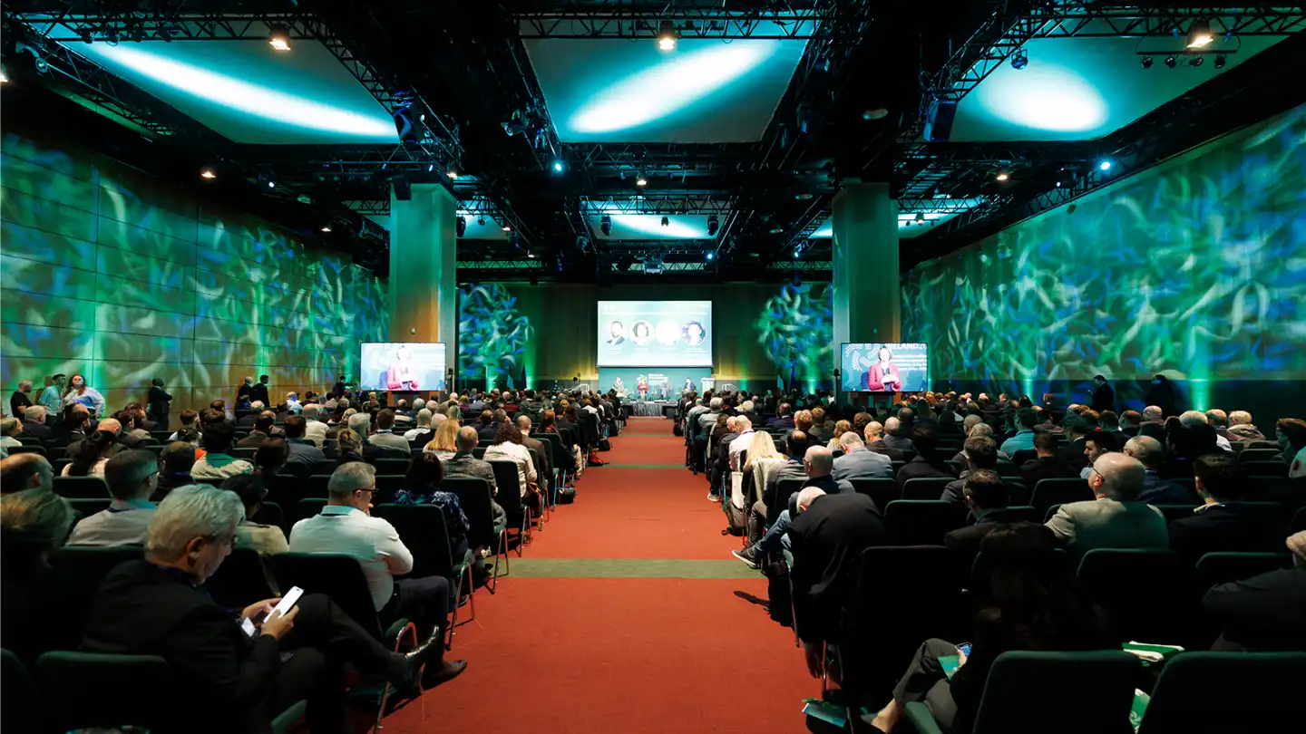 Large corporate conference in Dublin with stage, screens and full audience managed by Dynamic Events Ireland