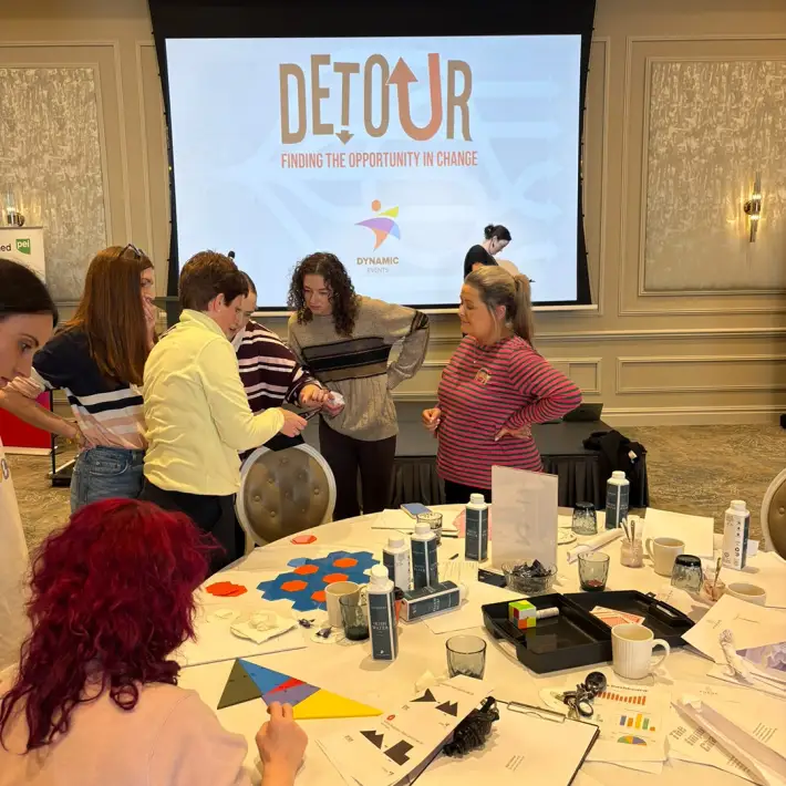 Resmed PEI employees working together on the Detour change management training activity at The Johnstown Estate, Co. Meath.
