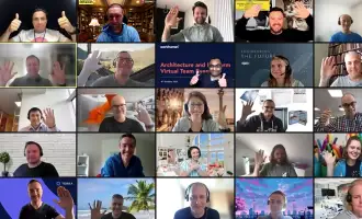 Remote teams smiling and waving during a live virtual escape room video call, connecting through online team building activities for remote and hybrid groups