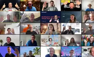 Remote teams smiling and waving during a live virtual escape room video call, connecting through online team building activities for remote and hybrid groups