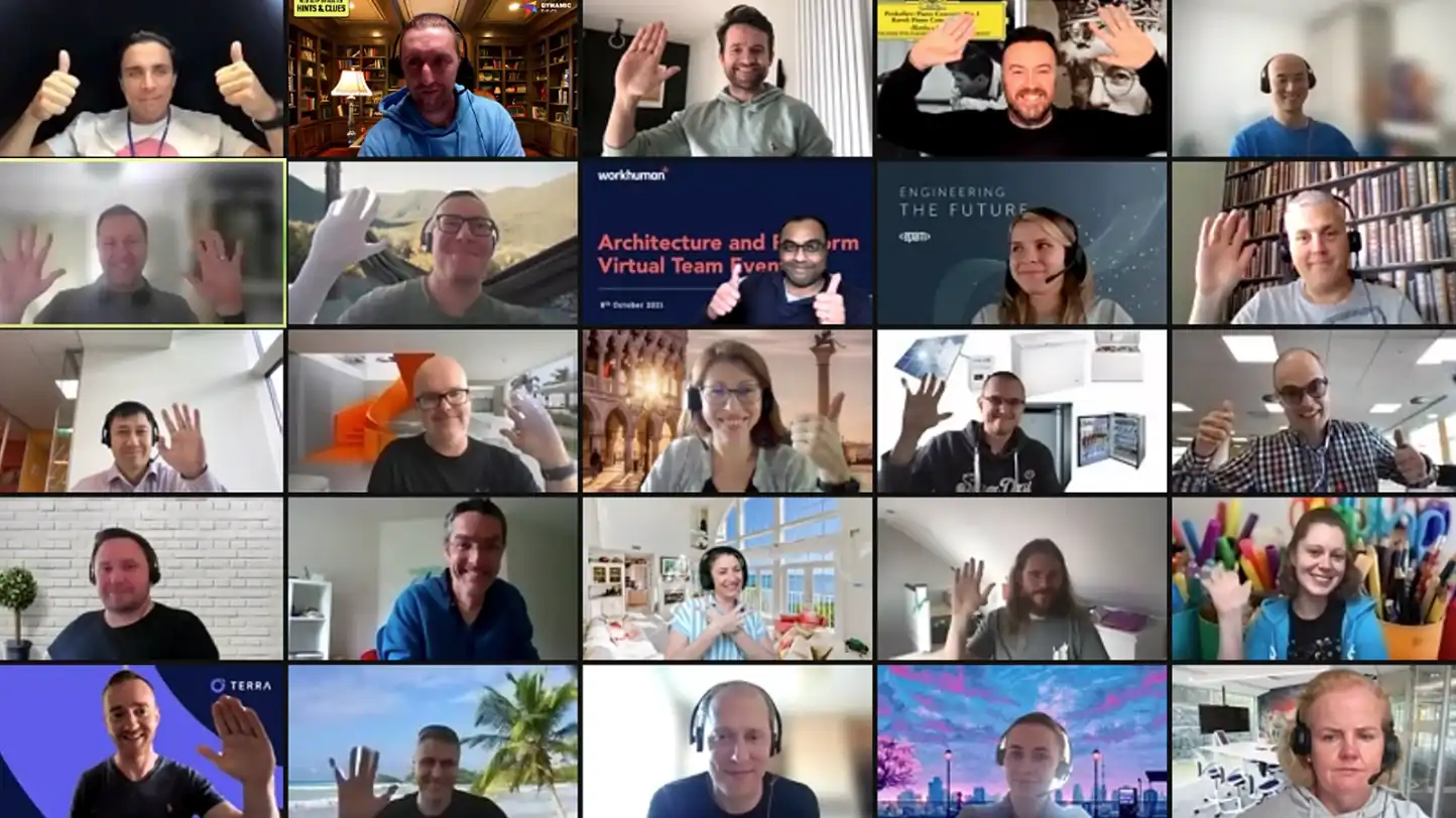 Remote teams smiling and waving during a live virtual escape room video call, connecting through online team building activities for remote and hybrid groups