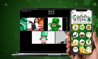 Virtual St Patrick’s Day team building quiz with teams playing an Irish themed quiz on mobile and laptop