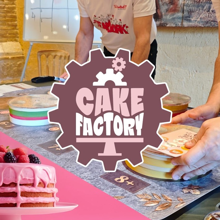 The Cake Factory Featured image with cake factory logo and people building the cakes in the background