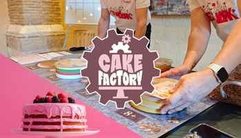The Cake Factory Featured image with cake factory logo and people building the cakes in the background