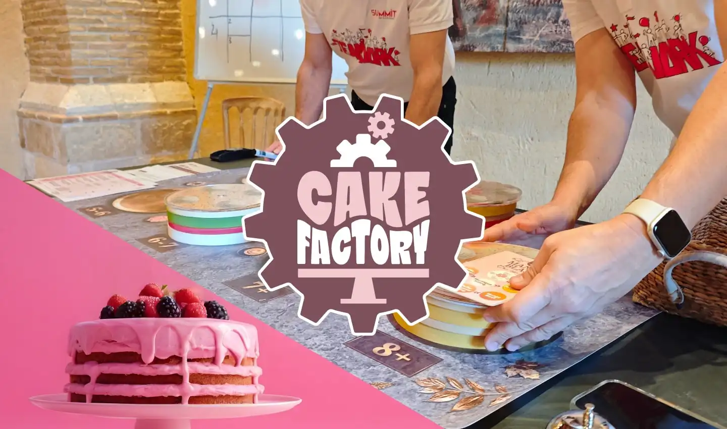 The Cake factory Team Building Activity with people building fake cakes on a table