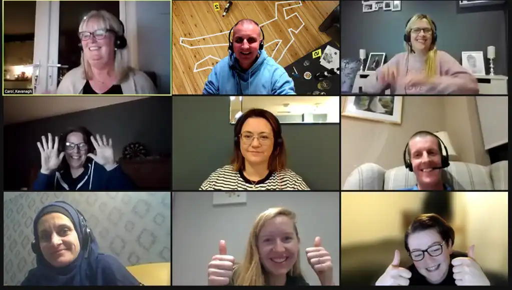 small group doing an online murder mystery team building activity