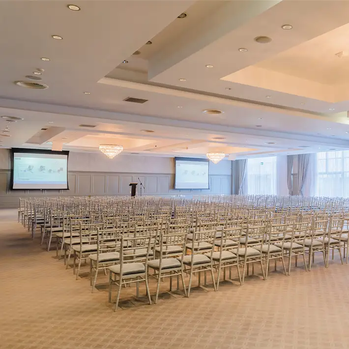 Large theatre style conference setup at Shearwater Hotel Galway for corporate meetings, presentations and company events