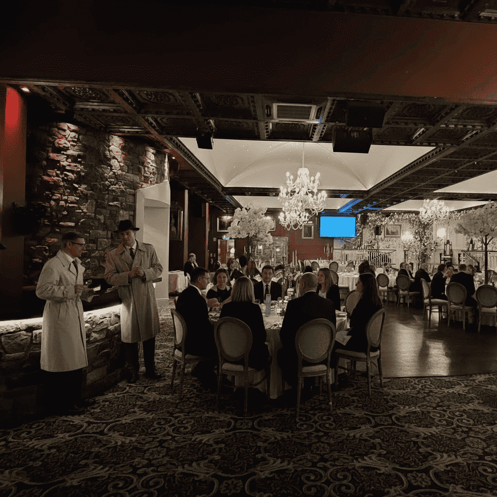 People looking at the actors who are acting out the murder mystery