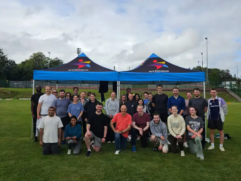 Large university staff group after a Dynamic Events team building day in Ireland.