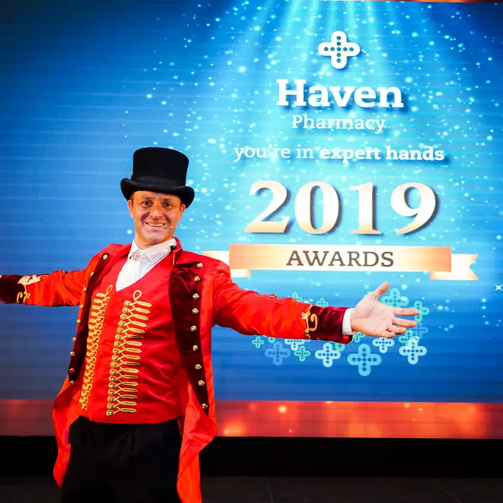 Ringmaster host welcoming guests at Haven Pharmacy Gala Awards Night 2019 in Ireland with themed entertainment.