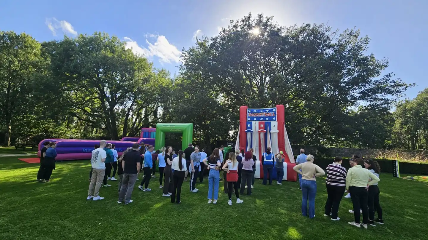 Resmed PEI employees taking part in outdoor Team Olympics team-building activities at The Johnstown Estate in Co. Meath.
