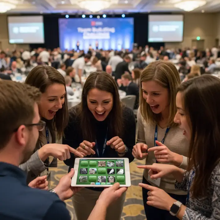 Corporate team playing a custom CSR quiz game on a tablet during a large event, using Dynamic Events’ app with interactive features to keep 300 attendees engaged.