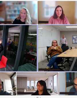 Hybrid team building activity showing remote and office employees working together affordably