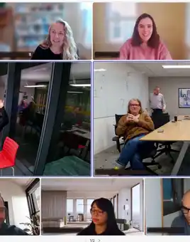 Hybrid team building activity showing remote and office employees working together affordably