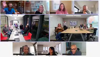 Hybrid team building activity showing remote and office employees working together affordably