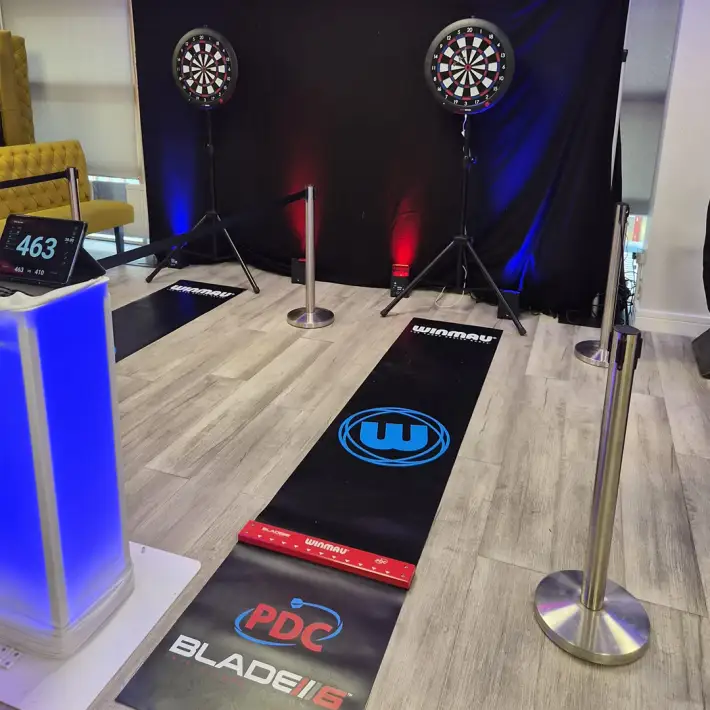 Interactive electronic darts lane with digital scoring set up for a corporate celebration in Dublin
