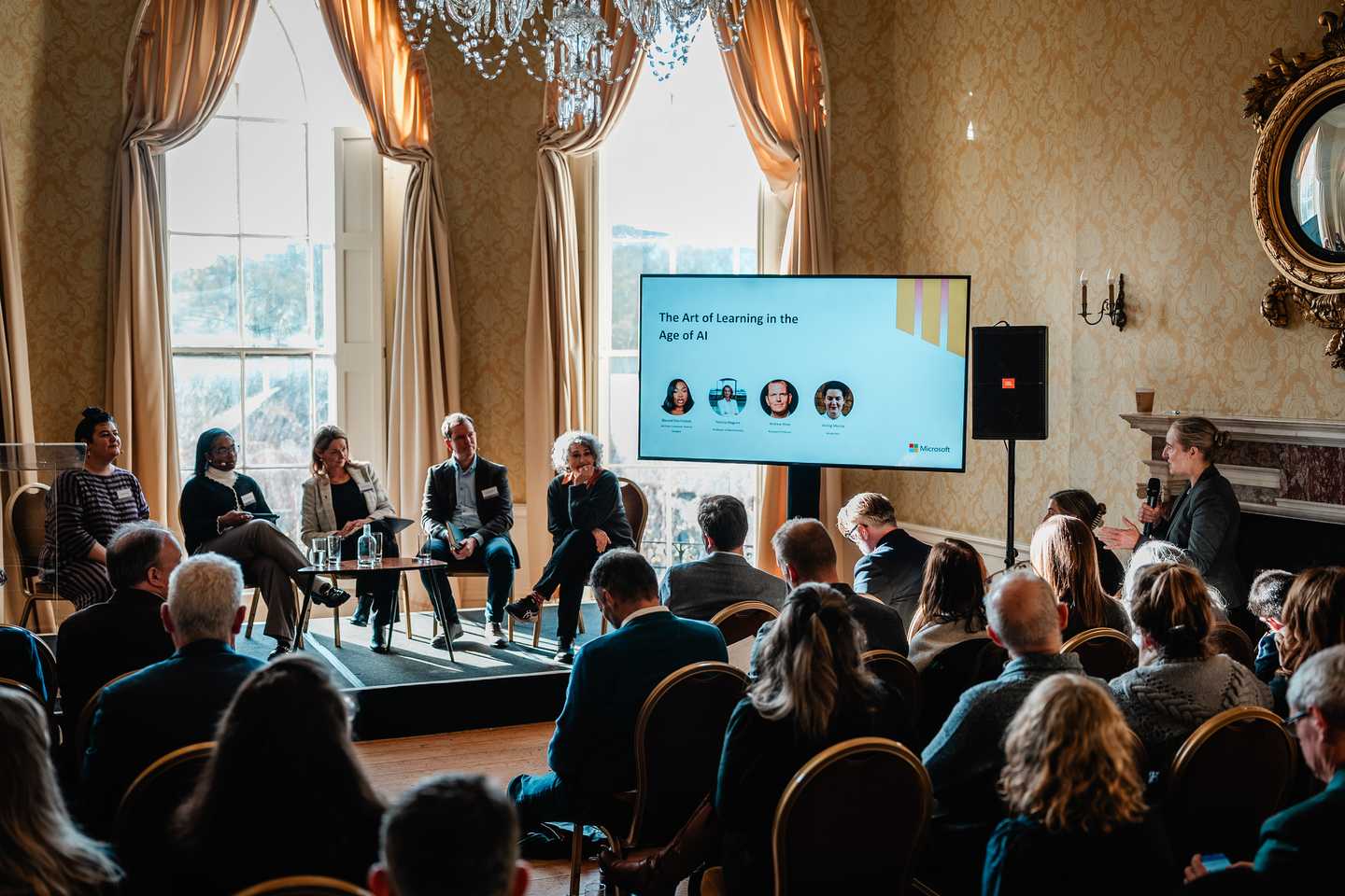 Conference setup at MoLI Dublin with staging and AV prepared for Microsoft AI event