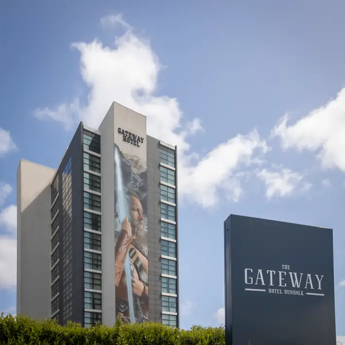 The Gateway Hotel Dundalk exterior with hotel entrance sign