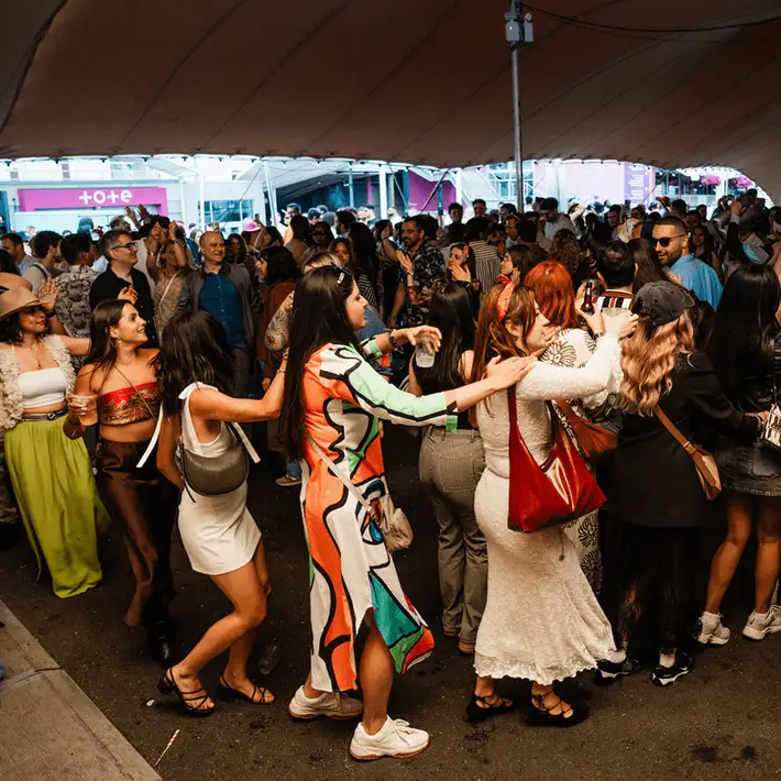 Colleagues dancing over games and music at outdoor summer celebration