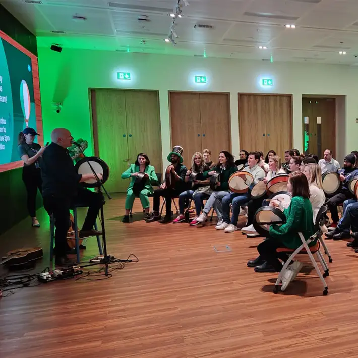 Bodhran workshop team event at Salesforce Dublin