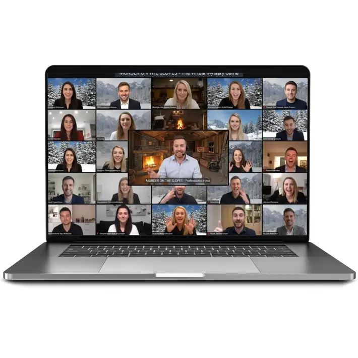 Professional host leading Murder on the Slopes virtual team building game for corporate participants online