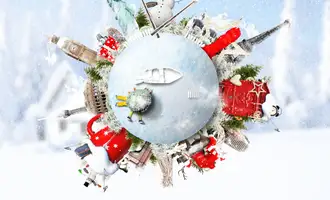 Creative globe showing winter scenes and landmarks from around the world, symbolising international festive traditions celebrated in the Festive Around the World virtual team event.