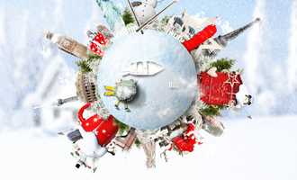 Creative globe showing winter scenes and landmarks from around the world, symbolising international festive traditions celebrated in the Festive Around the World virtual team event.