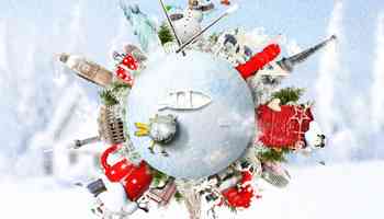 Creative globe showing winter scenes and landmarks from around the world, symbolising international festive traditions celebrated in the Festive Around the World virtual team event.