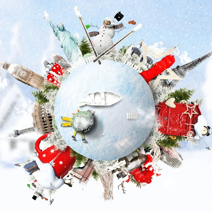 Creative globe showing winter scenes and landmarks from around the world, symbolising international festive traditions celebrated in the Festive Around the World virtual team event.