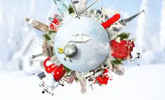 Creative globe showing winter scenes and landmarks from around the world, symbolising international festive traditions celebrated in the Festive Around the World virtual team event.