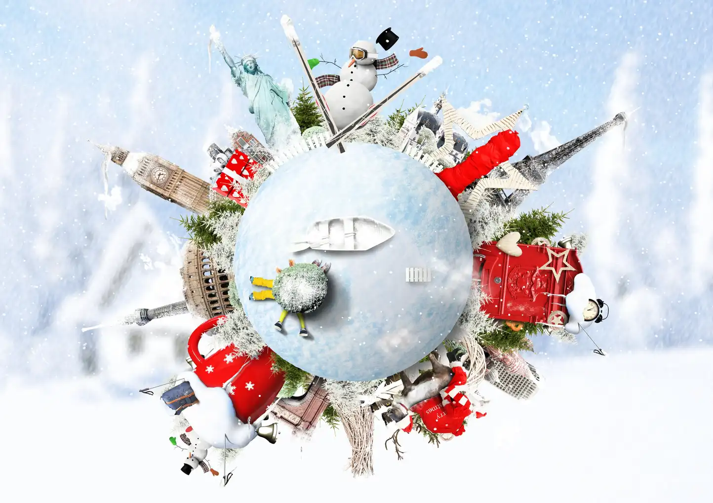 Creative globe showing winter scenes and landmarks from around the world, symbolising international festive traditions celebrated in the Festive Around the World virtual team event.