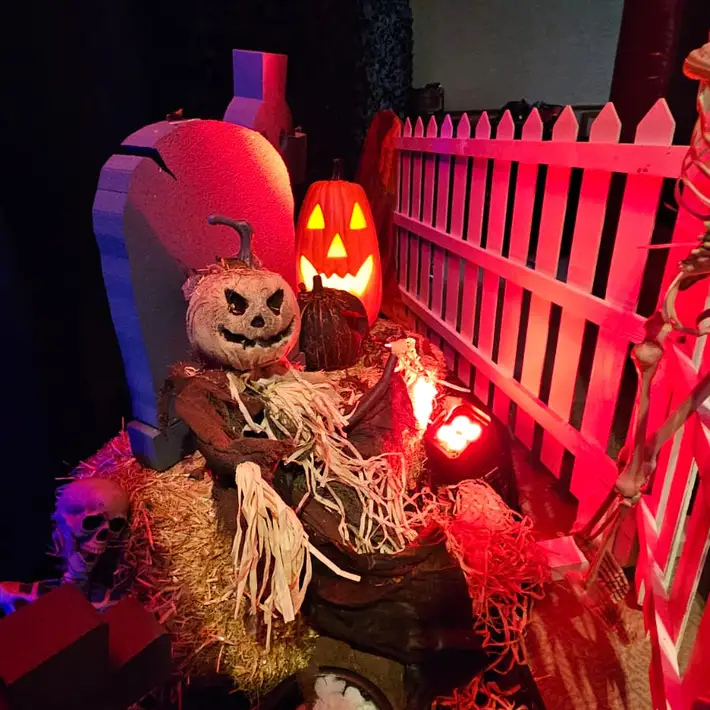 White fence with skeleton and Pumpkin