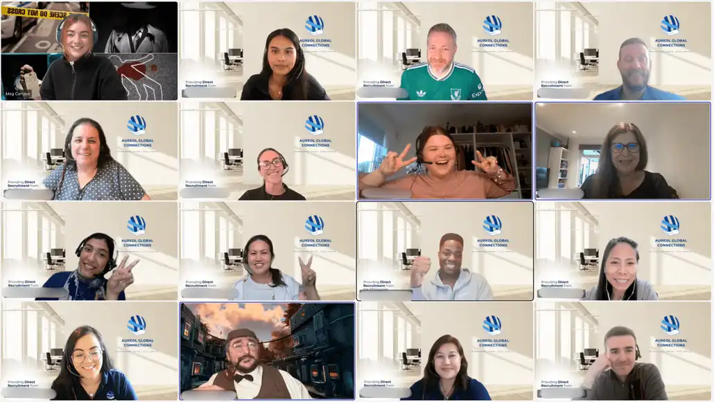 virtual team doing an online murder mystery team building activity