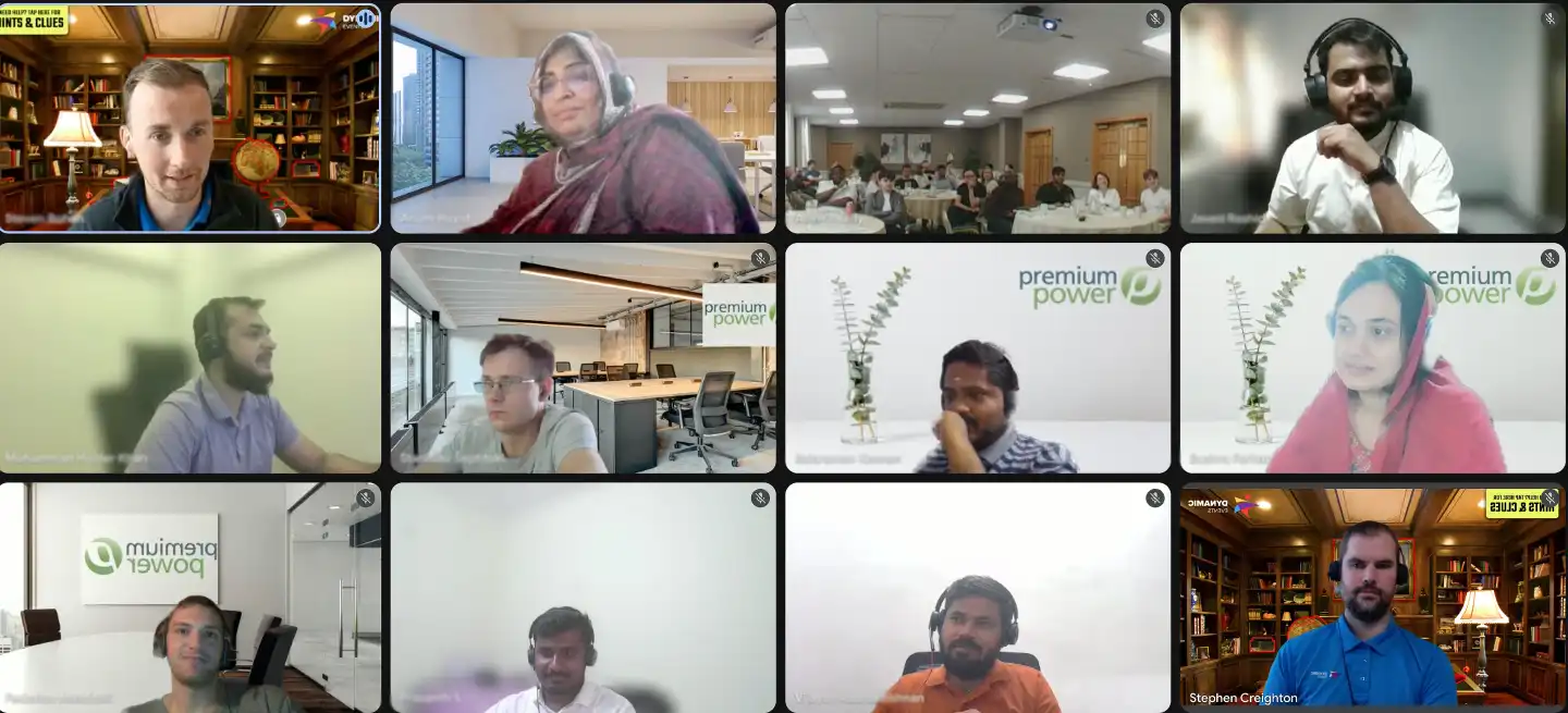 Hybrid team building event for Premium Power staff with Dynamic Events showing in person participants in a Dublin meeting room and remote employees joining through Google Hangouts for a shared escape game experience