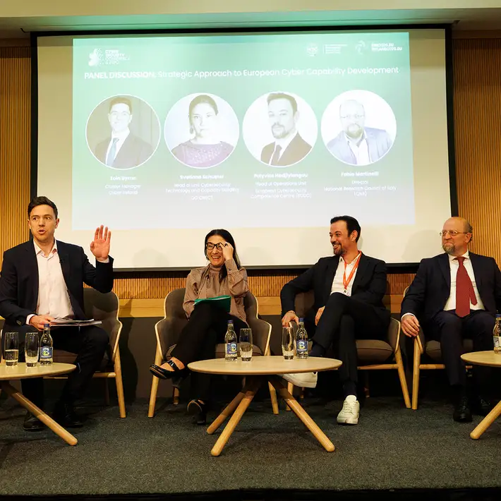 Four speakers taking part in a panel discussion on European cybersecurity capabilities at the NCSC Cyber Security Conference.