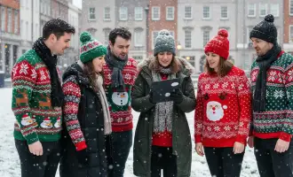 Corporate team in Christmas jumpers taking part in a Festive Adventure Digital Treasure Hunt in Ireland, using an iPad outdoors in the snow during a Christmas team building activity.