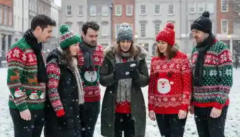 Corporate team in Christmas jumpers taking part in a Festive Adventure Digital Treasure Hunt in Ireland, using an iPad outdoors in the snow during a Christmas team building activity.