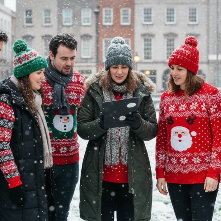 Corporate team in Christmas jumpers taking part in a Festive Adventure Digital Treasure Hunt in Ireland, using an iPad outdoors in the snow during a Christmas team building activity.