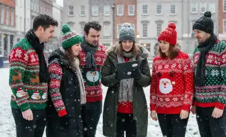 Corporate team in Christmas jumpers taking part in a Festive Adventure Digital Treasure Hunt in Ireland, using an iPad outdoors in the snow during a Christmas team building activity.