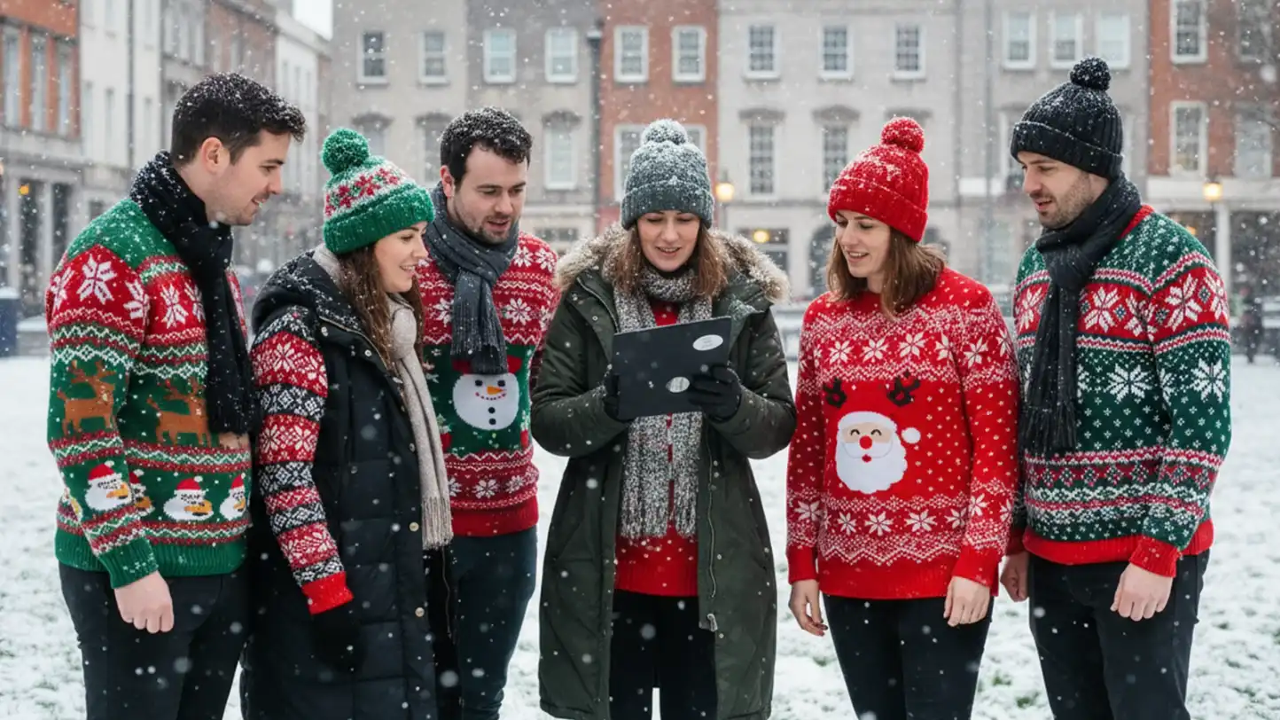 Corporate team in Christmas jumpers taking part in a Festive Adventure Digital Treasure Hunt in Ireland, using an iPad outdoors in the snow during a Christmas team building activity.