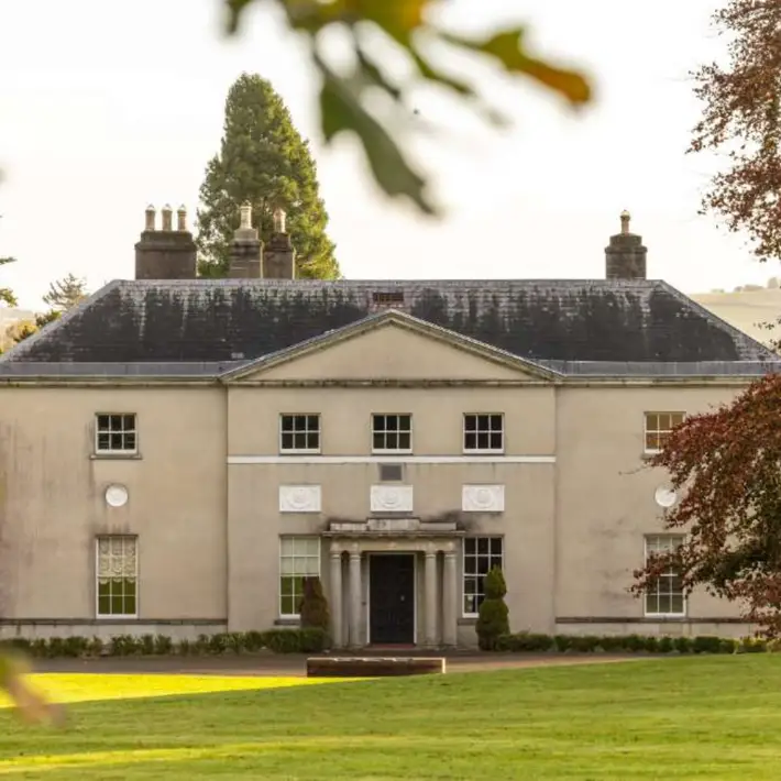 Front view of a manor house through the forest tree