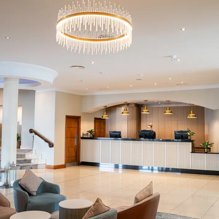 Reception desk and lobby at Trim Castle Hotel in County Meath