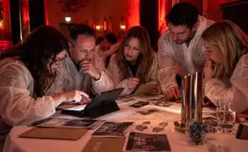 Corporate team solving a murder mystery during a Manor House Murder team building activity in Ireland