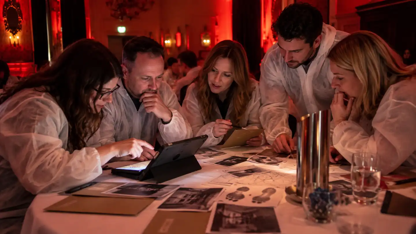 Corporate team solving a murder mystery during a Manor House Murder team building activity in Ireland