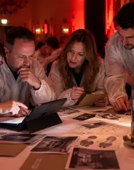 Corporate team solving a murder mystery during a Manor House Murder team building activity in Ireland