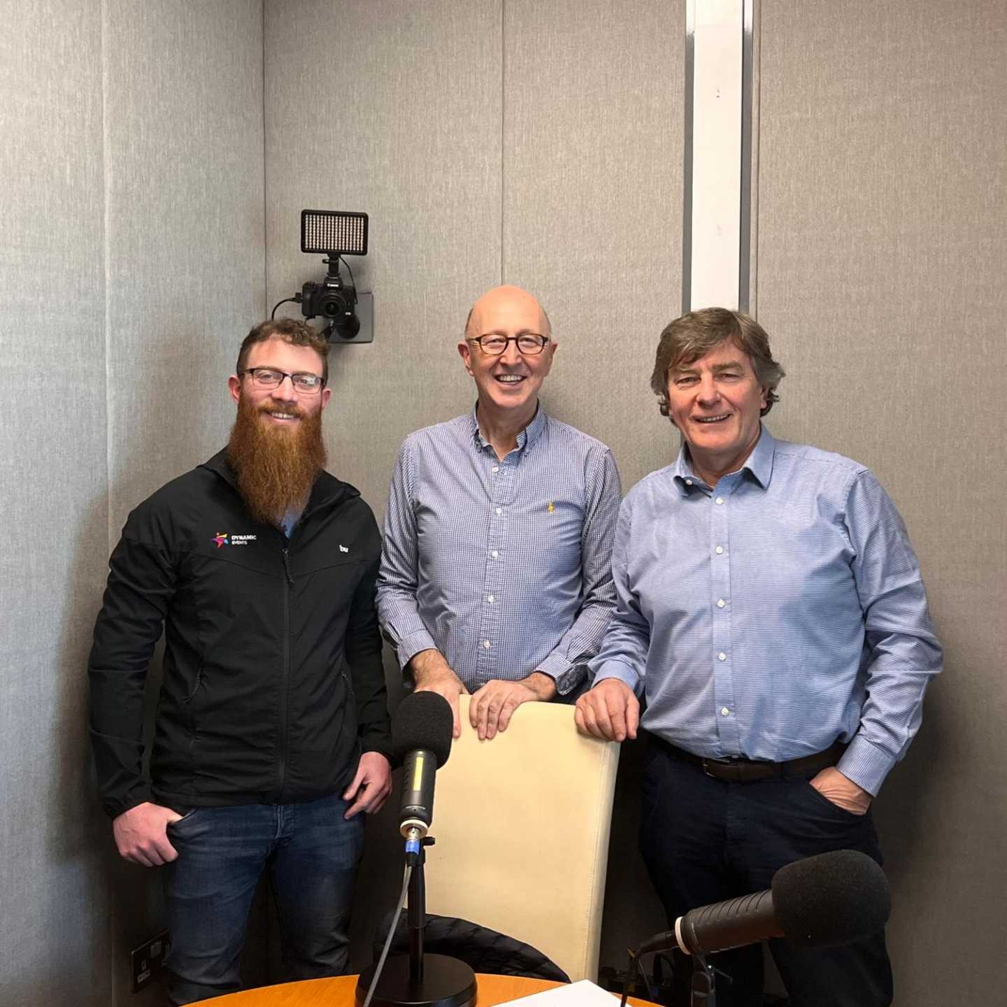 Niall O'Connor and Richard Phelan in podcast studio with Conaill O'Morain
